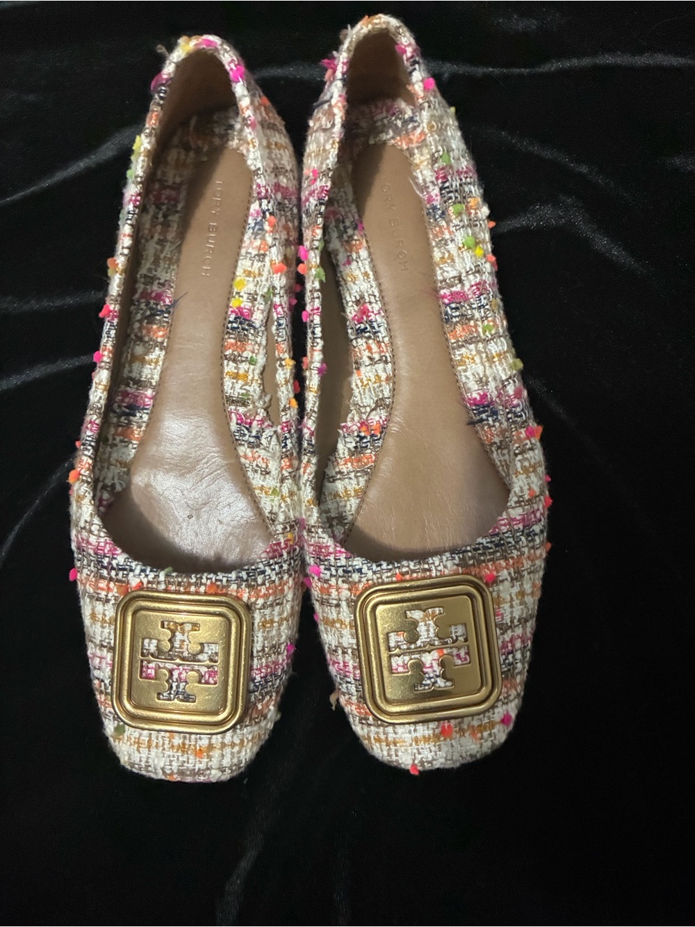 Tory Burch Multicolor Tweed Ballet Flats with Gold Emblem